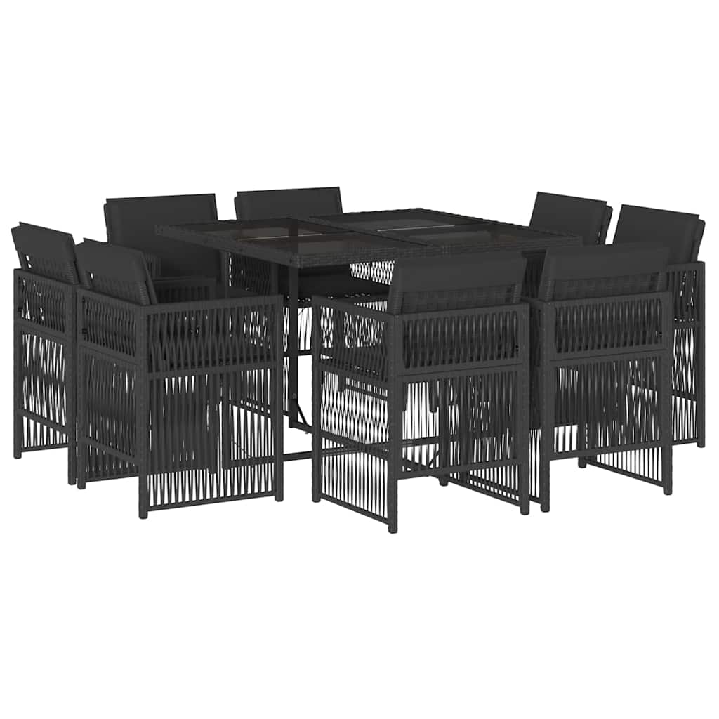 Set da Pranzo da Giardino 9 pz con Cuscini Nero in Polyrattan