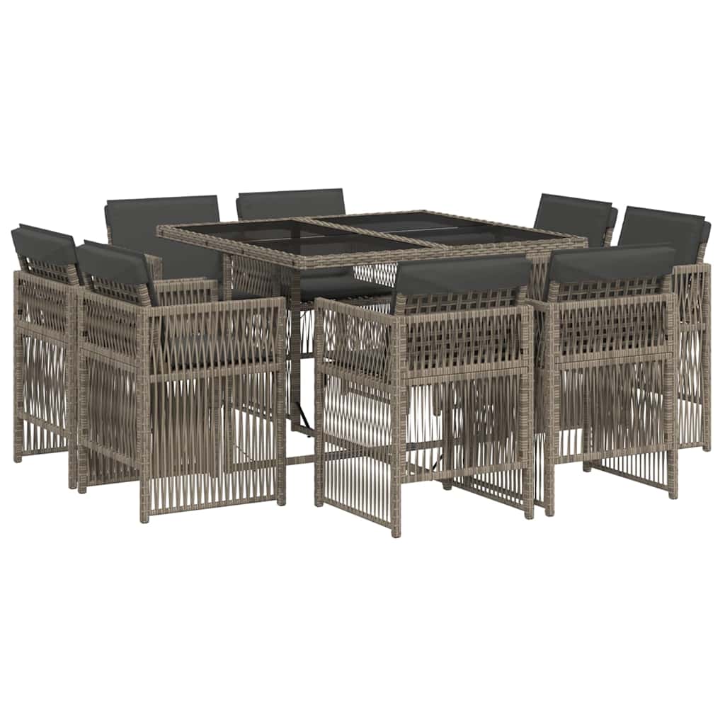 Set da Pranzo da Giardino 9 pz con Cuscini in Polyrattan Grigio