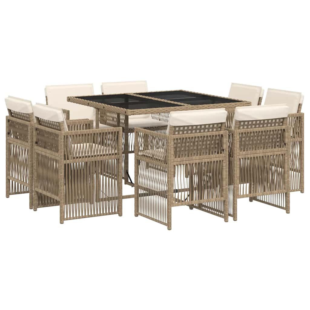 Set da Pranzo da Giardino 9 pz con Cuscini Beige in Polyrattan