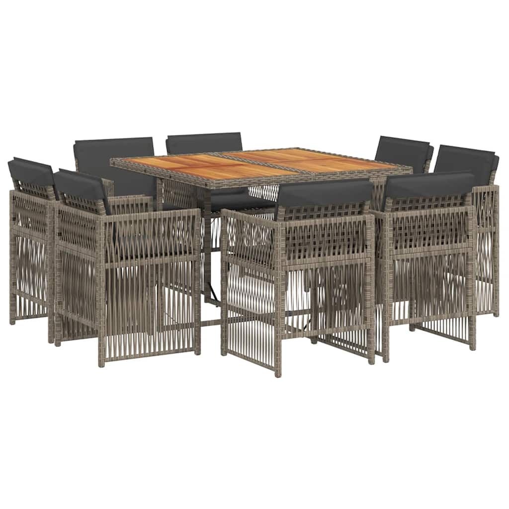 Set da Pranzo da Giardino 9 pz con Cuscini in Polyrattan Grigio