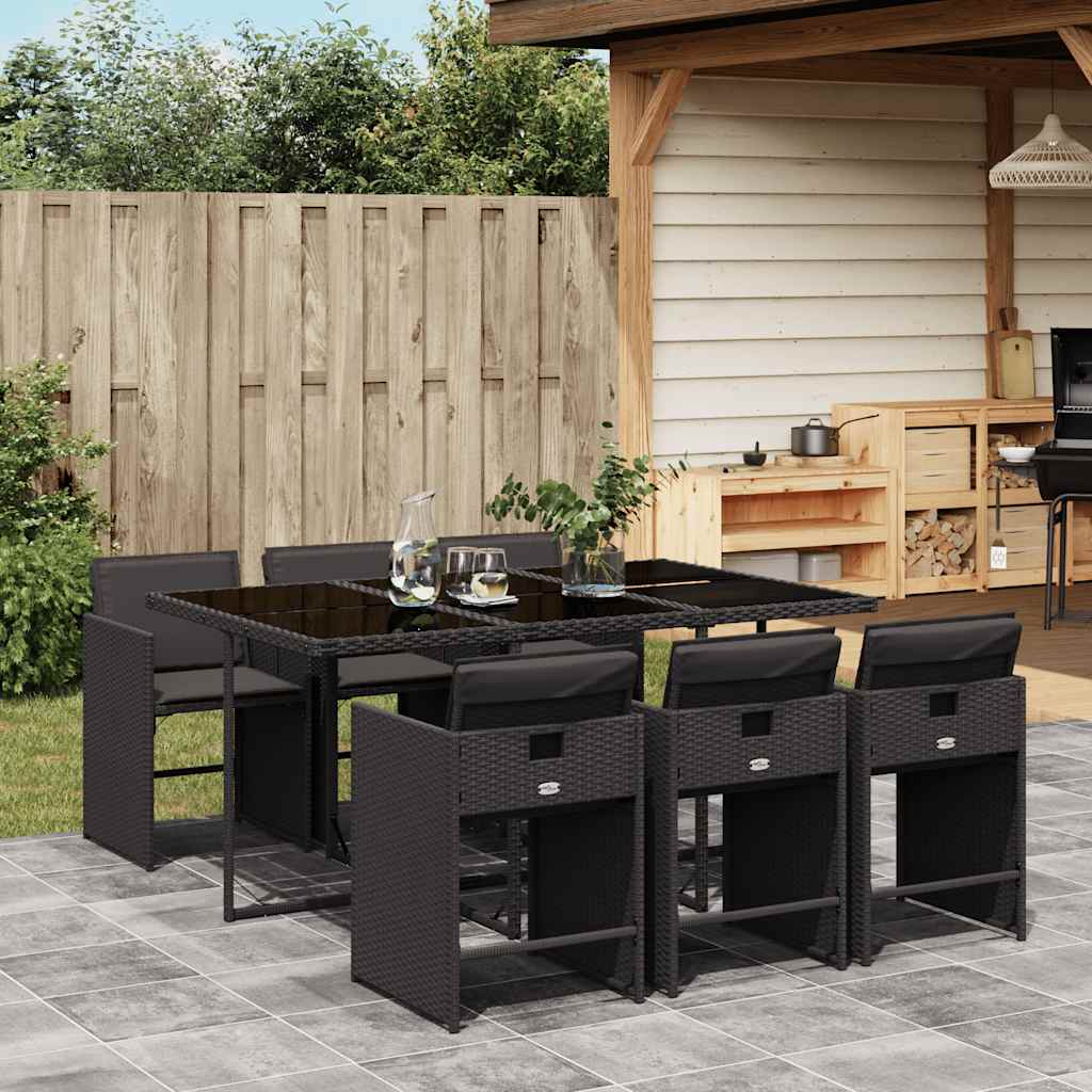 Set da Pranzo da Giardino Nero 7 pz con Cuscini Sfoderabili