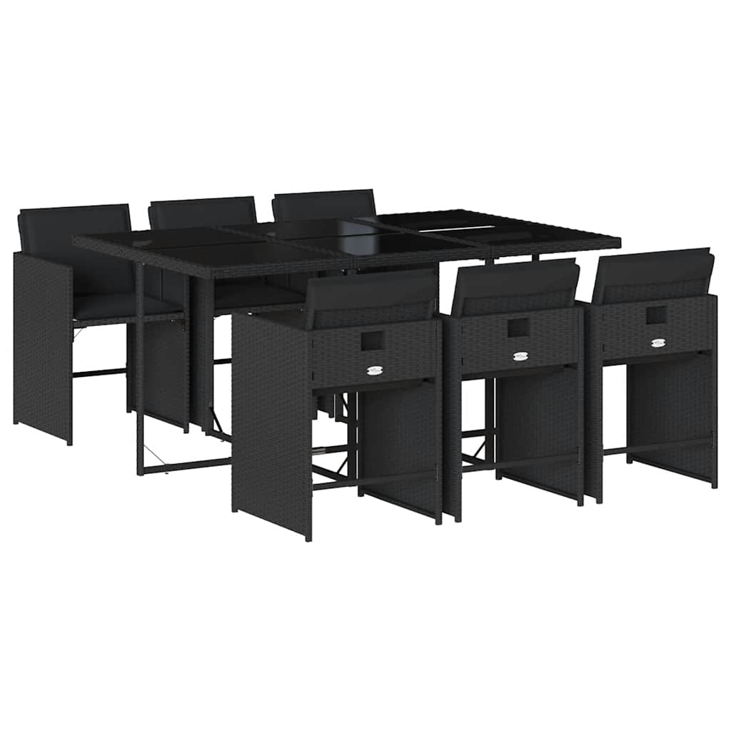 Set da Pranzo da Giardino Nero 7 pz con Cuscini Sfoderabili