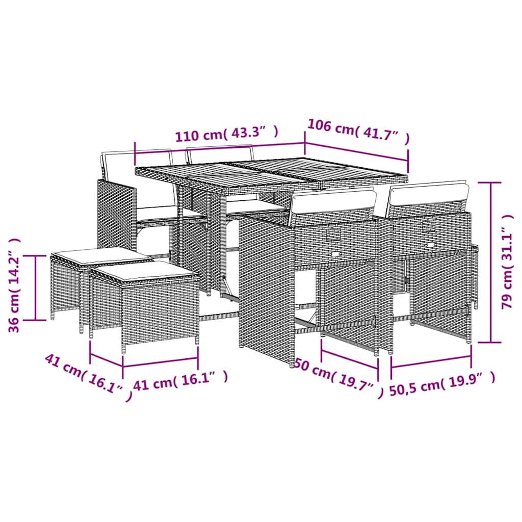 Salotto da Pranzo per Giardino in Polyrattan 9 pz Grigio