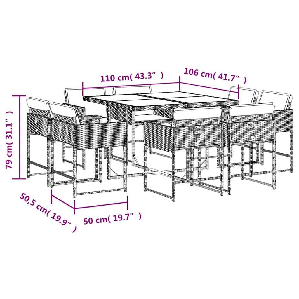Set Pranzo da Giardino 9pz con Cuscini Grigio Chiaro Polyrattan
