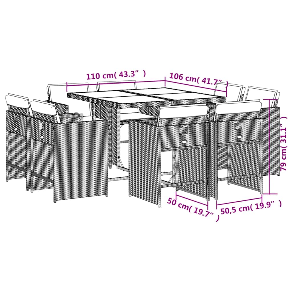 Set Pranzo da Giardino 9 pz con Cuscini Beige Misto Polyrattan