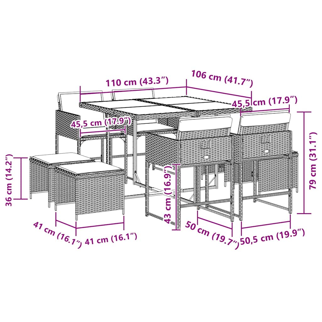 Set da Pranzo da Giardino 9 pz con Cuscini in Polyrattan Grigio