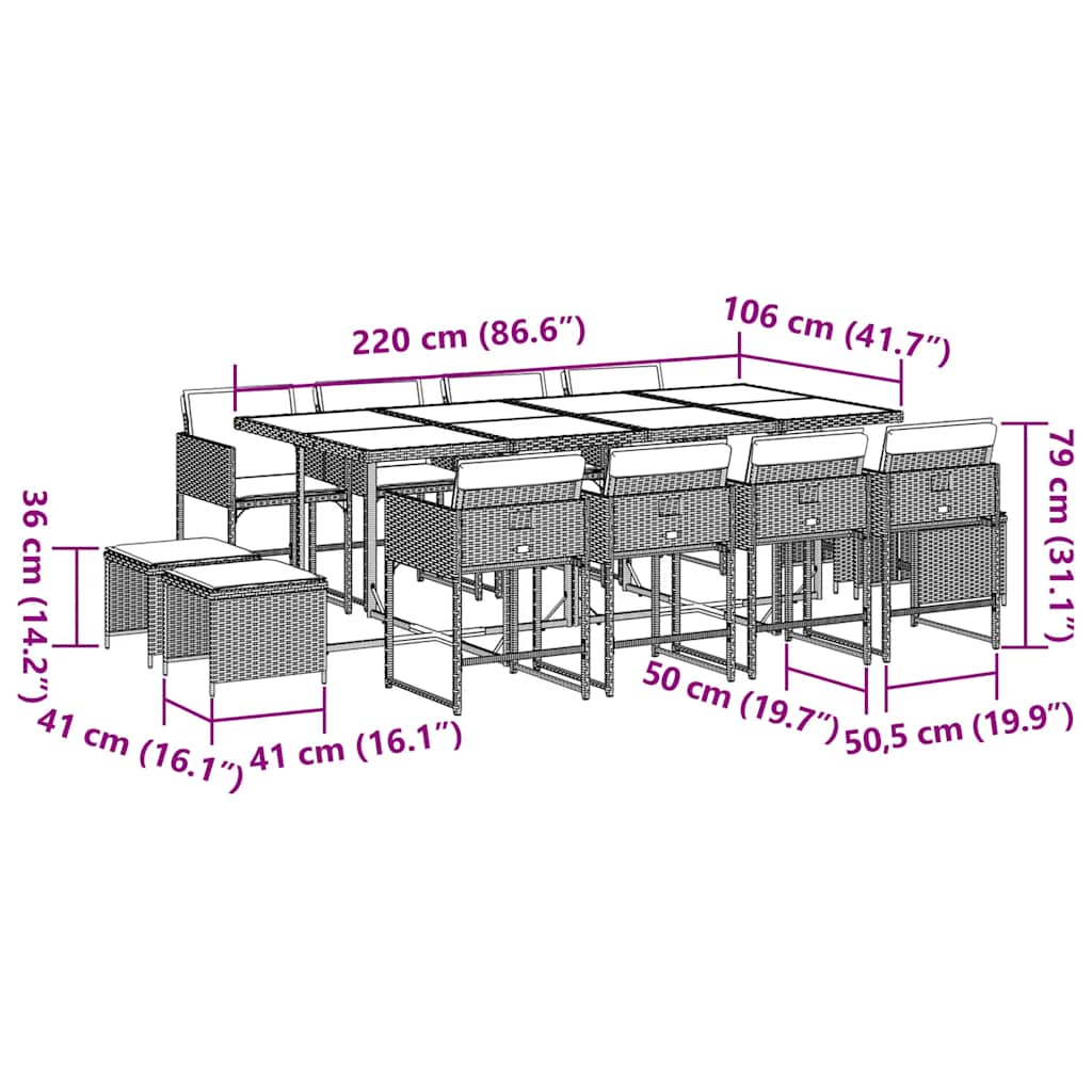 Set da Pranzo da Giardino 13pz con Cuscini Grigio in Polyrattan