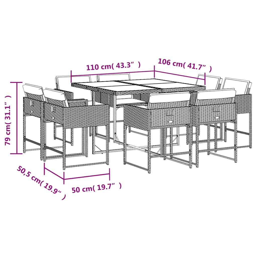 Set da Pranzo da Giardino 9 pz con Cuscini in Polyrattan Grigio