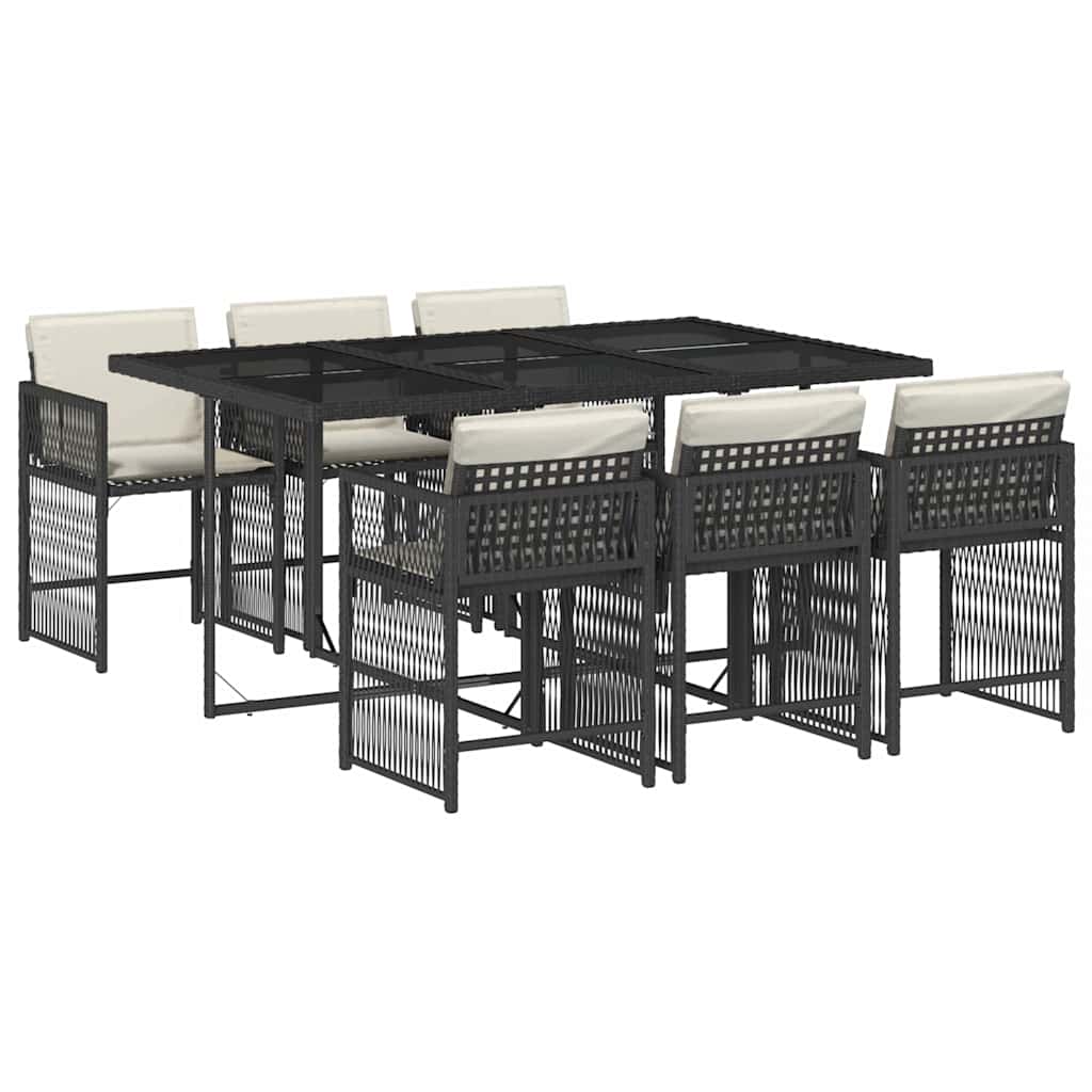 Set da Pranzo da Giardino 6 Posti in Rattan PE Nero con Tavolo in Vetro