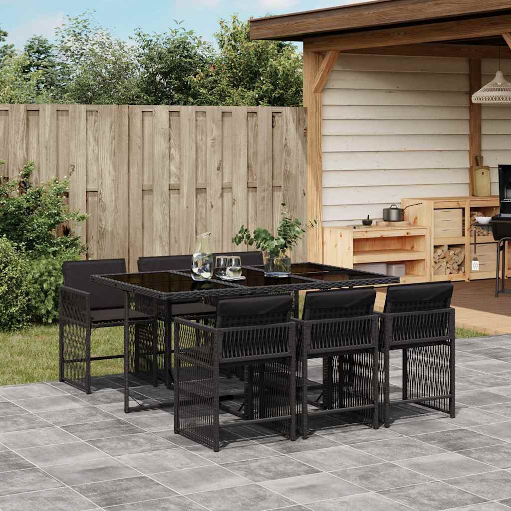 Set pranzo giardino nero 7 pz con tavolo in vetro