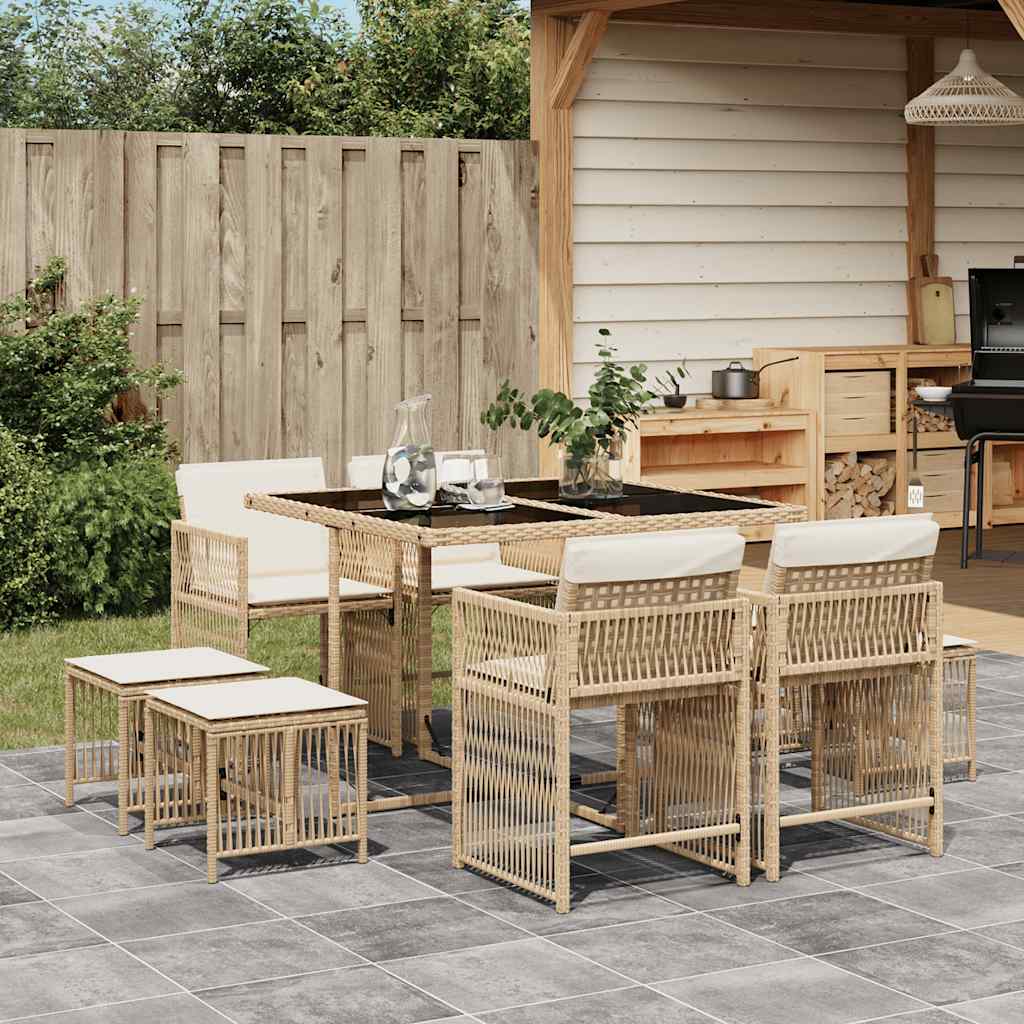 Set pranzo da giardino 9 pz in polyrattan beige con cuscini