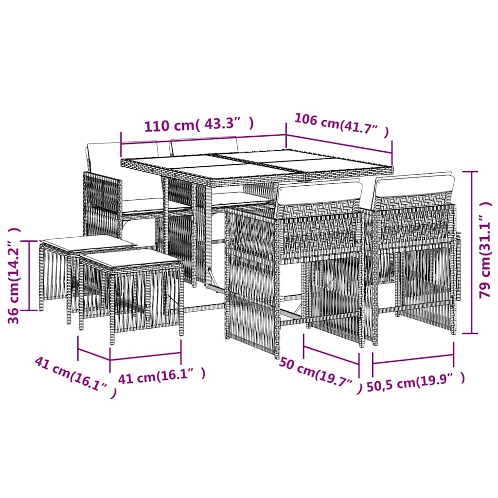 Set pranzo da giardino 9 pz in polyrattan beige con cuscini
