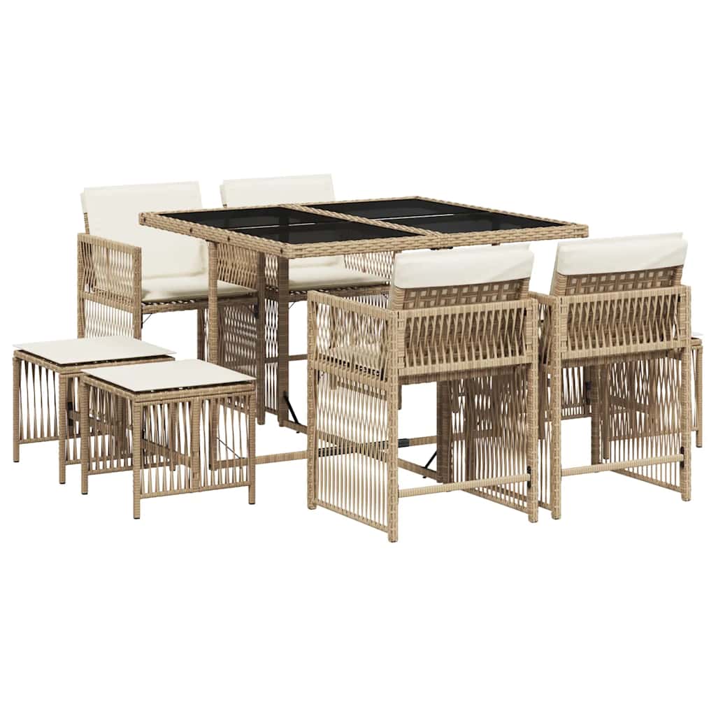 Set pranzo da giardino 9 pz in polyrattan beige con cuscini