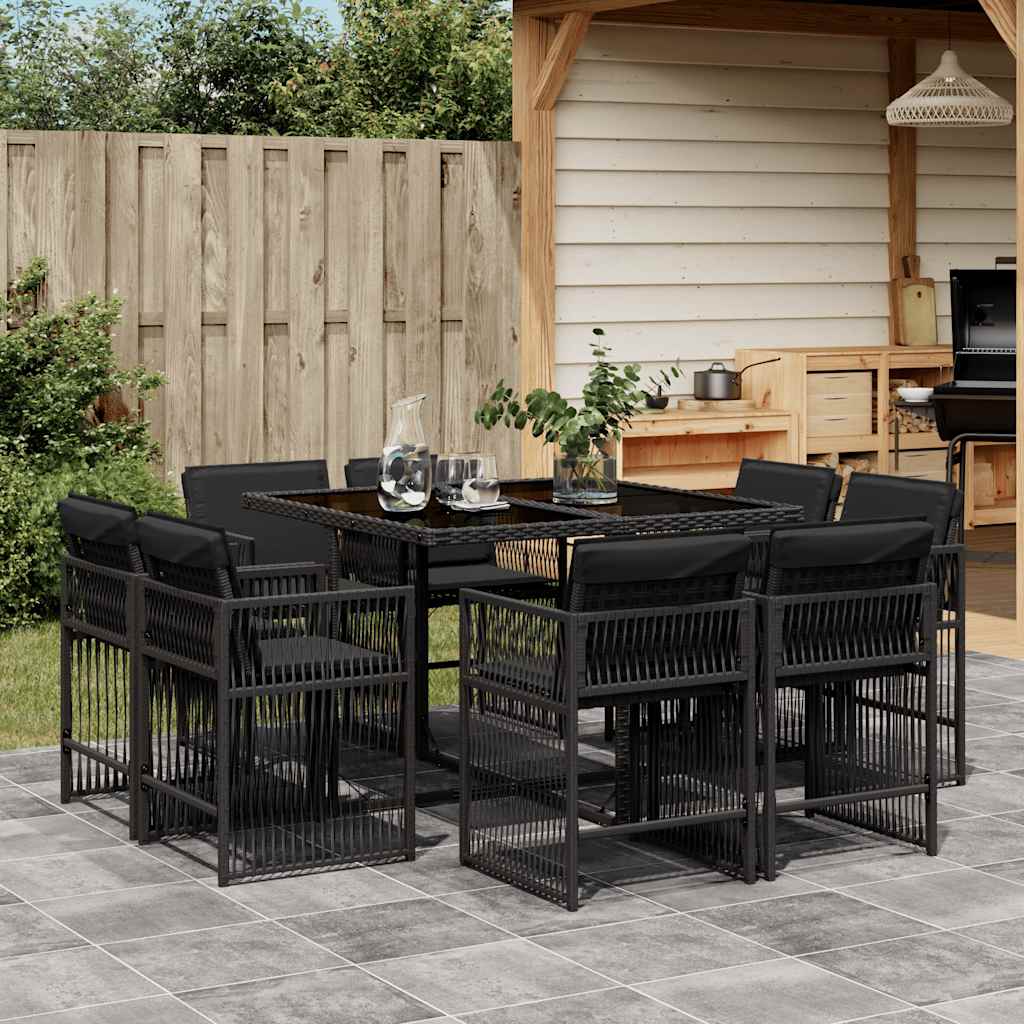 Set Pranzo Giardino Nero Polyrattan con Tavolo in Vetro