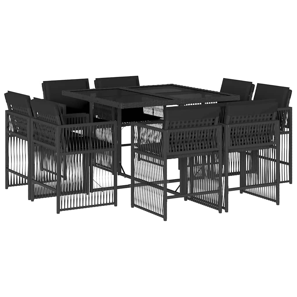 Set Pranzo Giardino Nero Polyrattan con Tavolo in Vetro