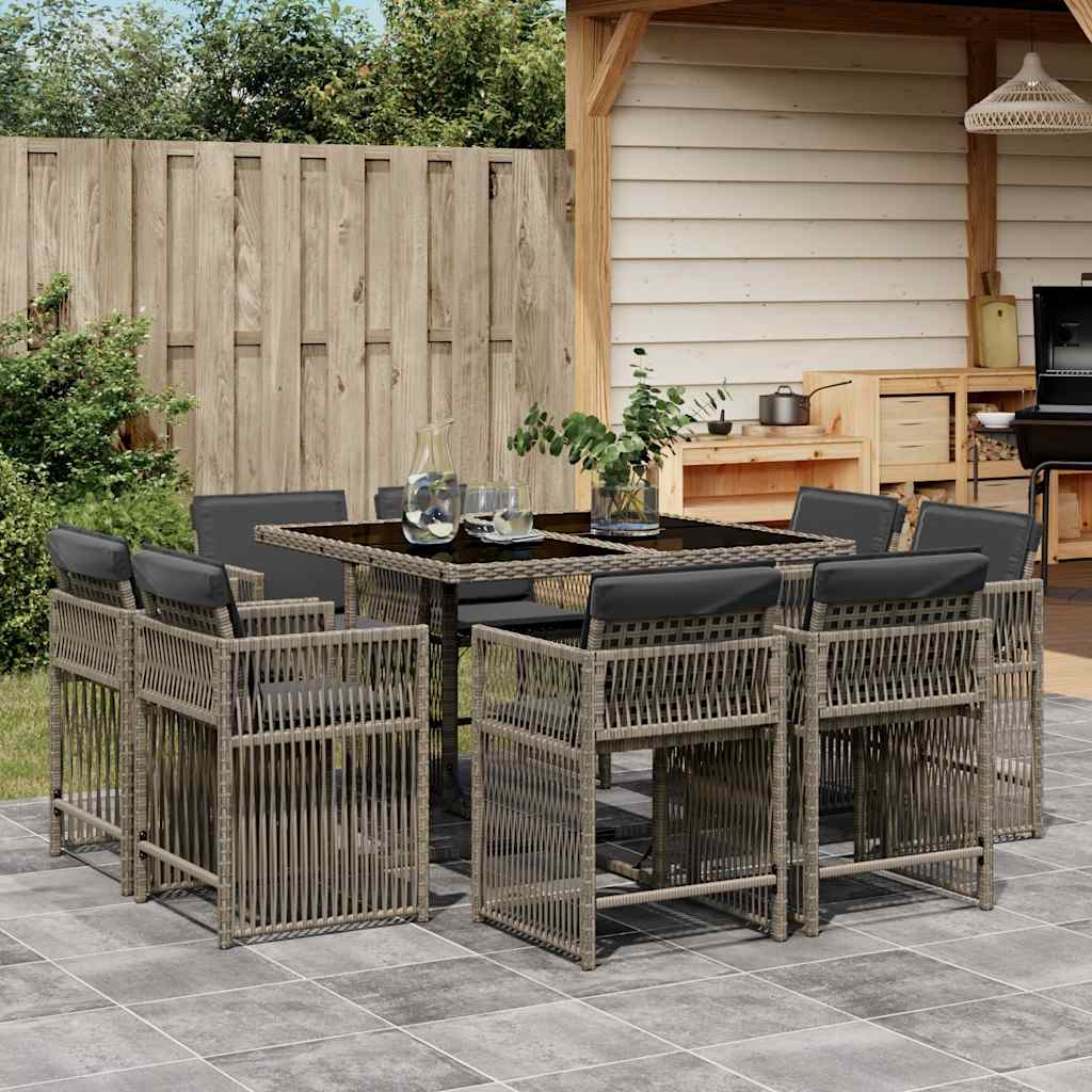 Set da pranzo 9 pz in polyrattan grigio con cuscini sfoderabili