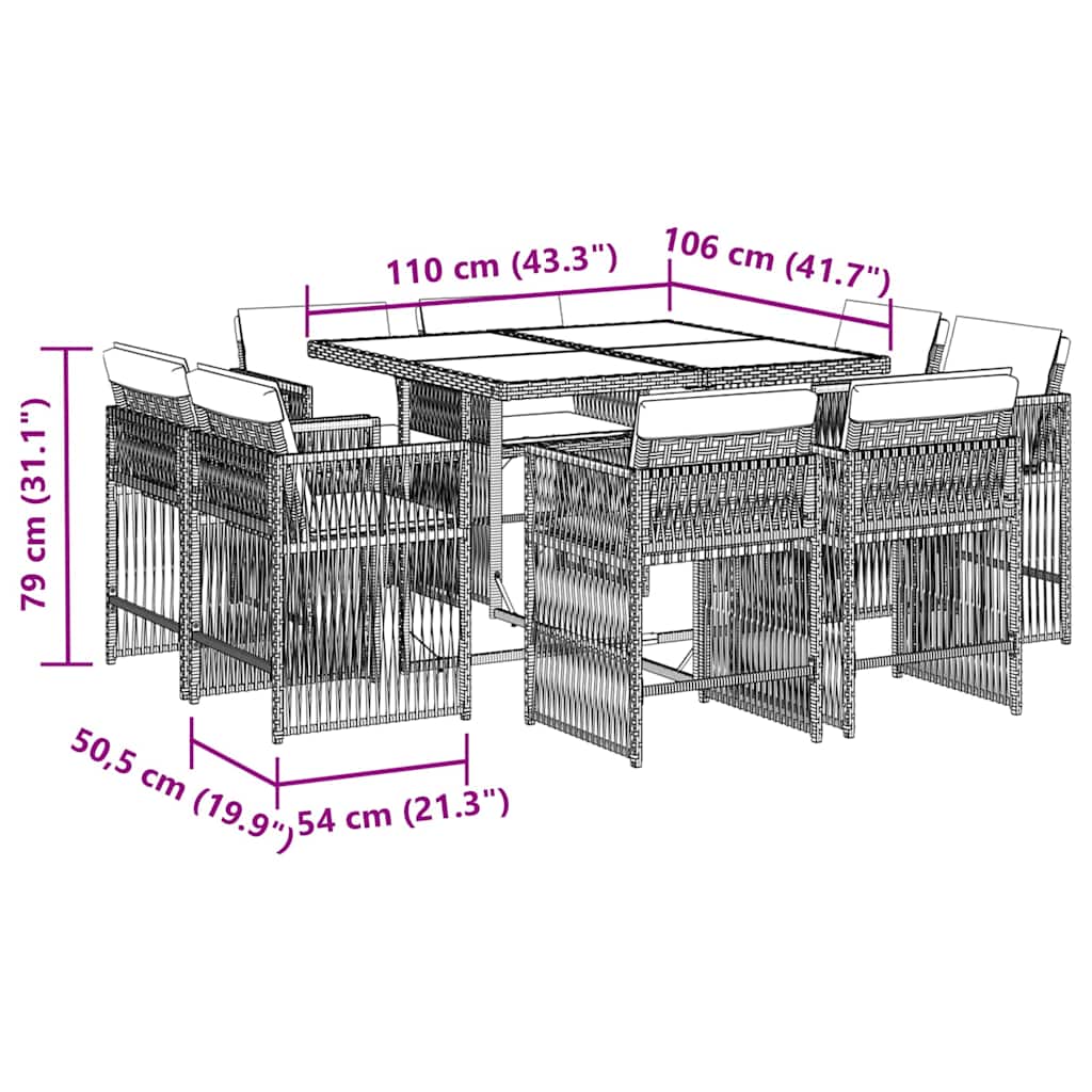 Set da pranzo 9 pz in polyrattan grigio con cuscini sfoderabili