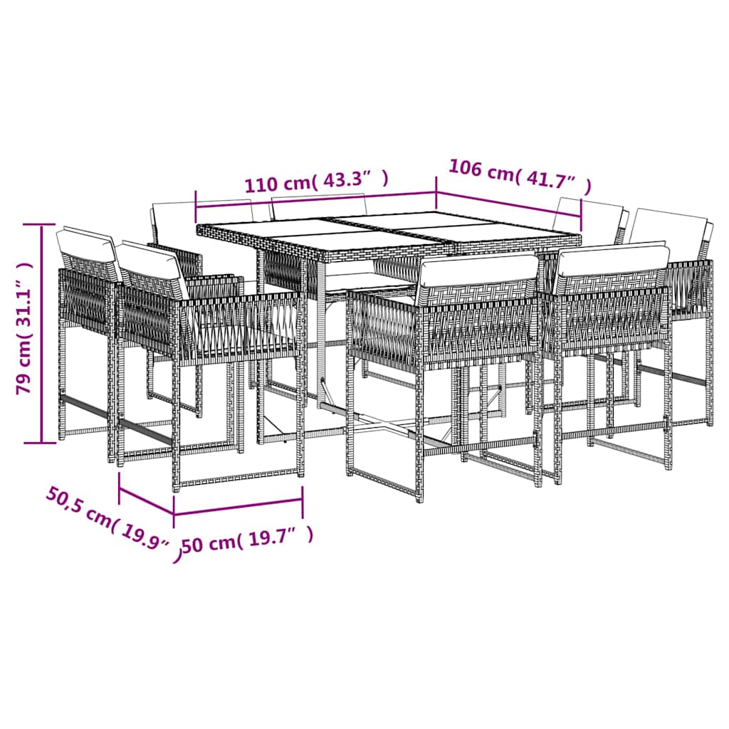 Set Pranzo da Giardino 9 pz Grigio Chiaro Rattan PE
