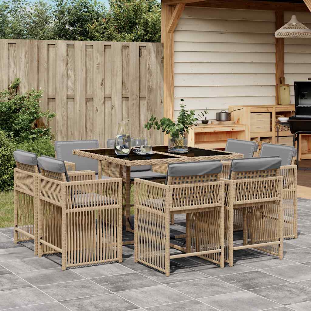 Set Pranzo da Giardino 9 pz con Cuscini Beige Polyrattan