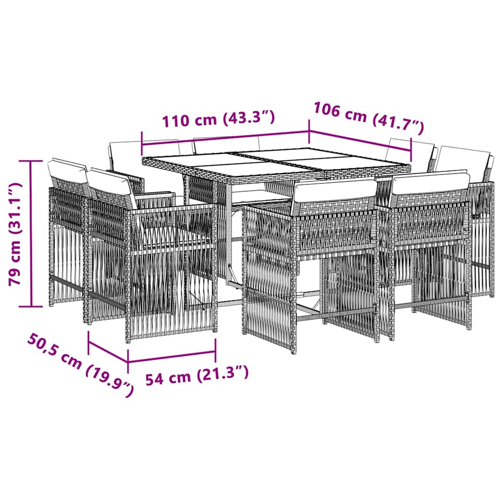Set Pranzo da Giardino 9 pz con Cuscini Beige Polyrattan
