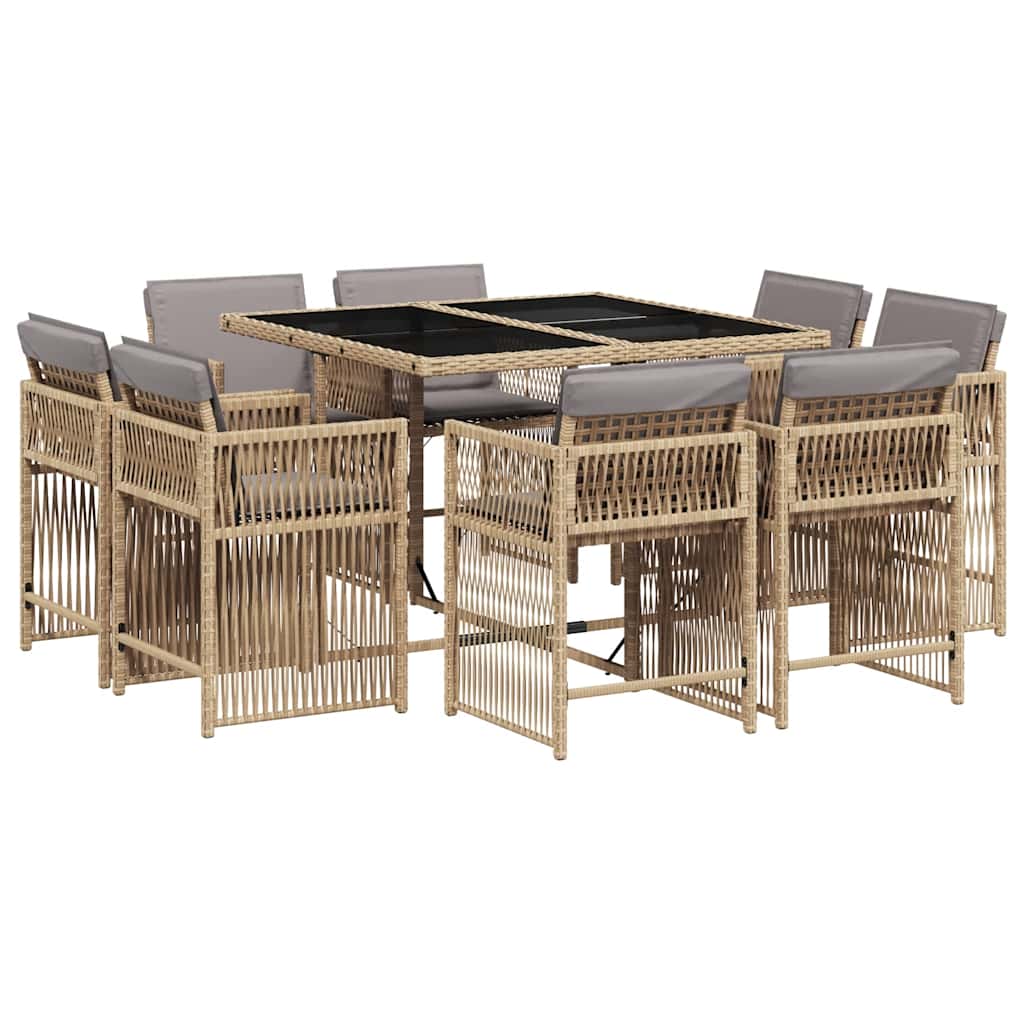 Set Pranzo da Giardino 9 pz con Cuscini Beige Polyrattan