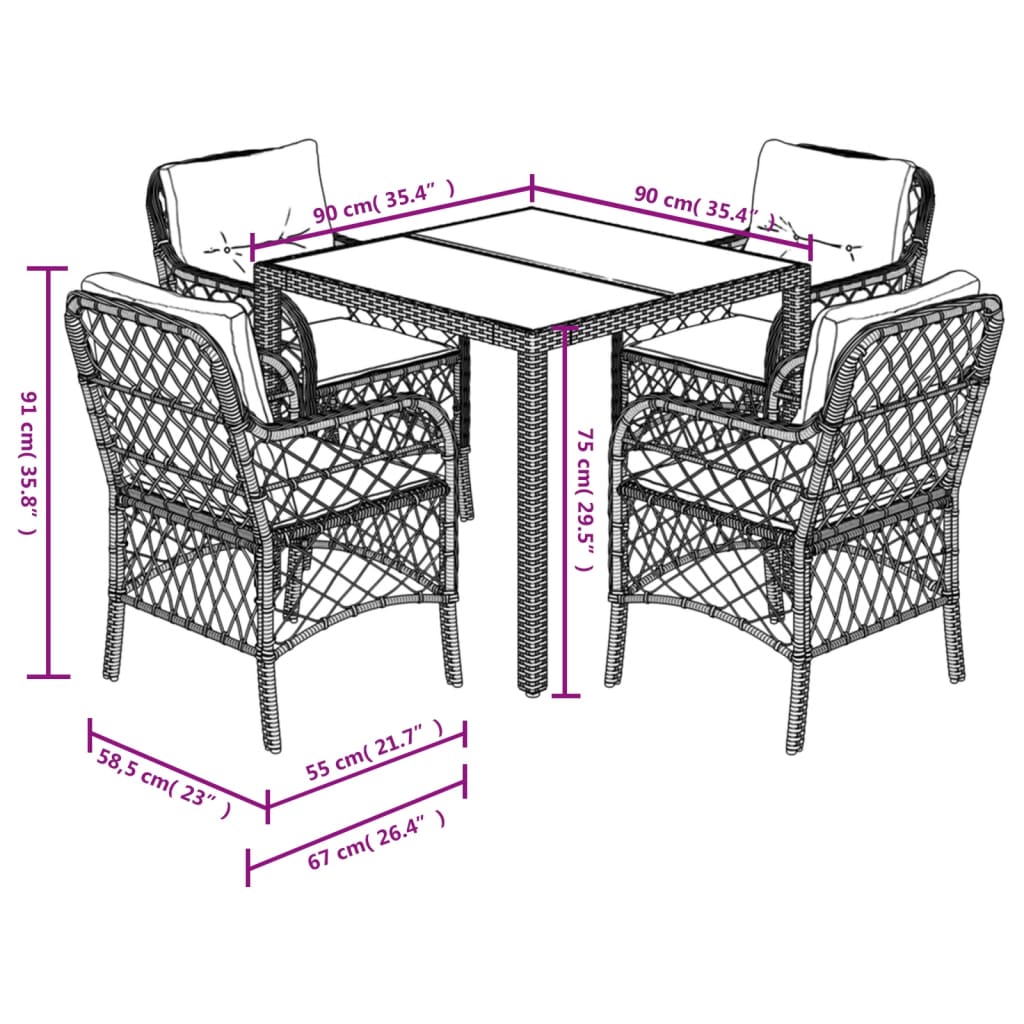 Set pranzo da esterno nero 5 pezzi, tavolo 90x90 e 4 sedie