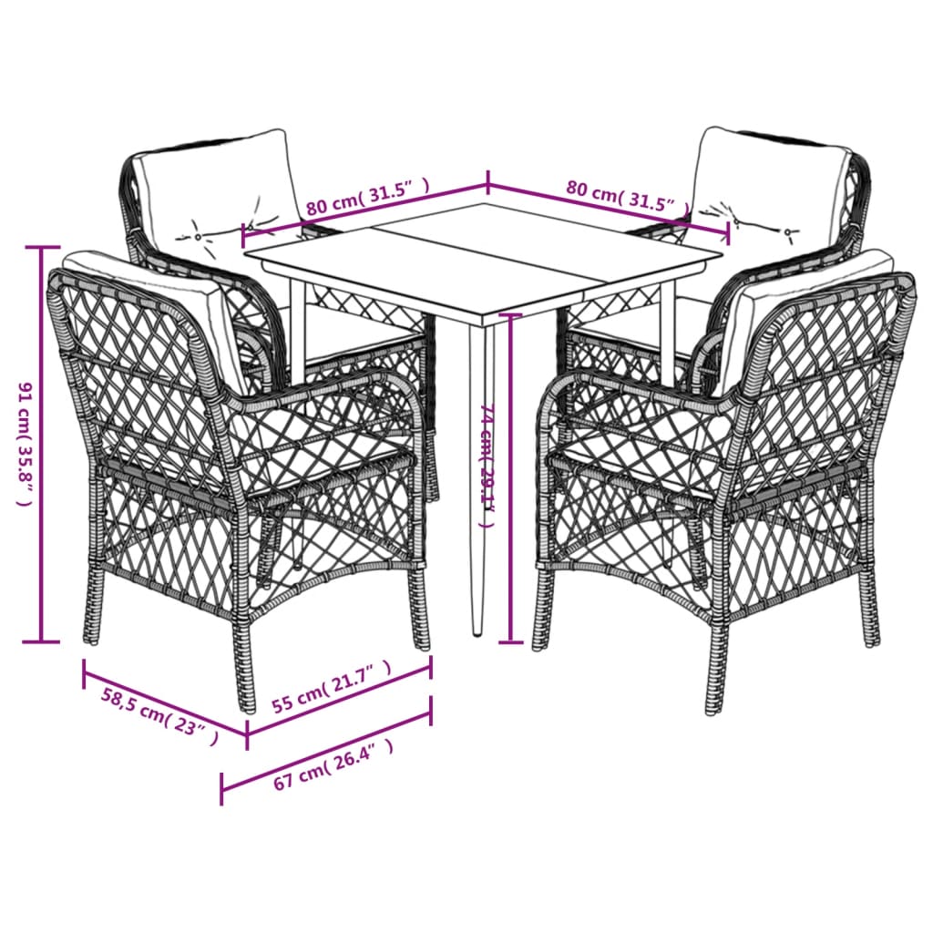 Set Giardino Nero 5 pz: Tavolo 80x80 e 4 Sedie in Rattan