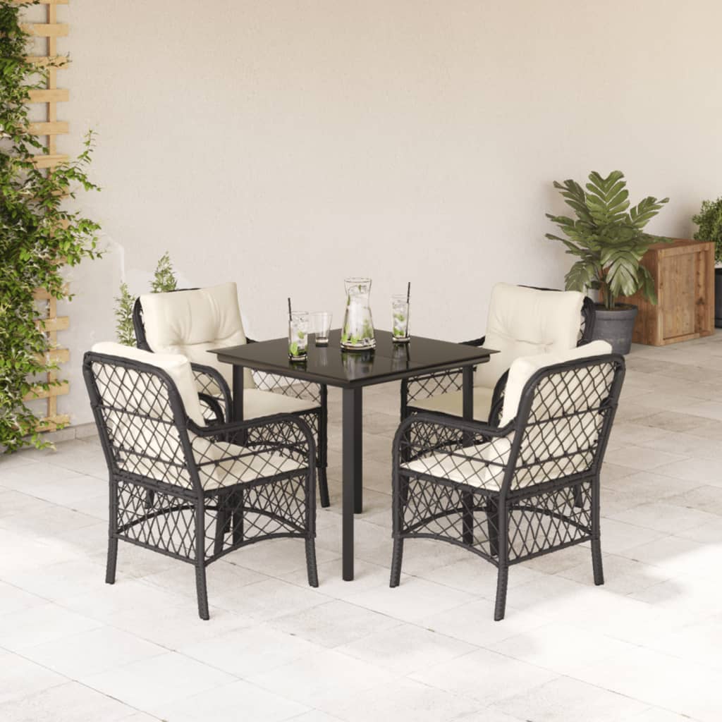 Set pranzo da esterno 5 pz nero, tavolo vetro e rattan PE