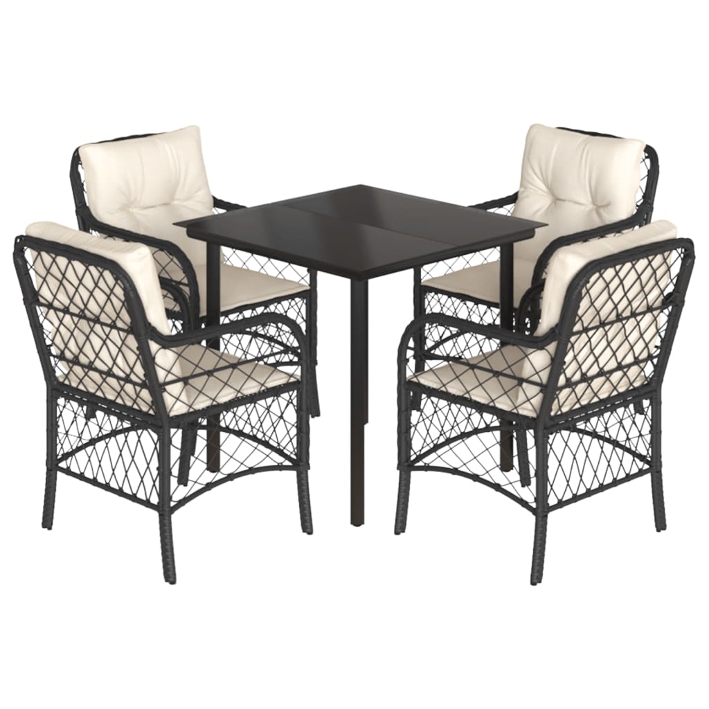 Set pranzo da esterno 5 pz nero, tavolo vetro e rattan PE