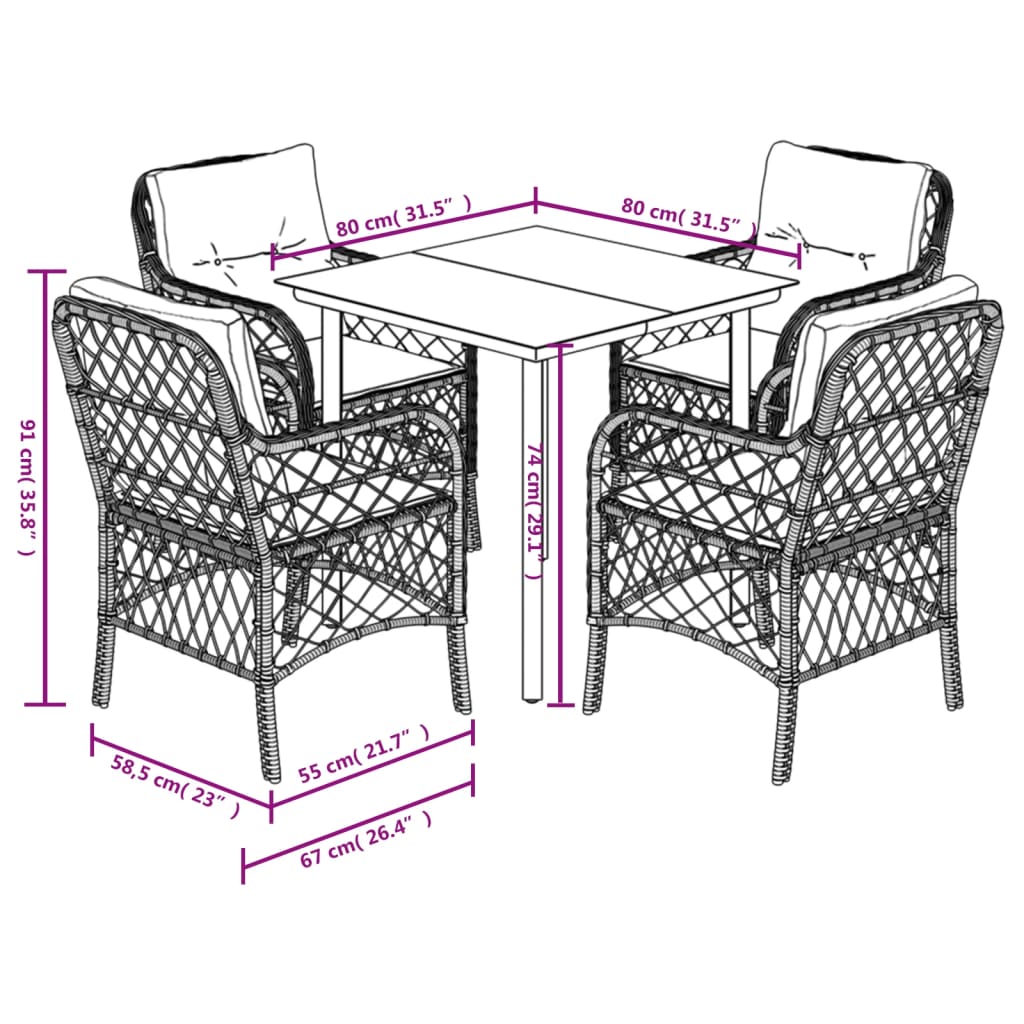 Set pranzo da esterno 5 pz nero, tavolo vetro e rattan PE