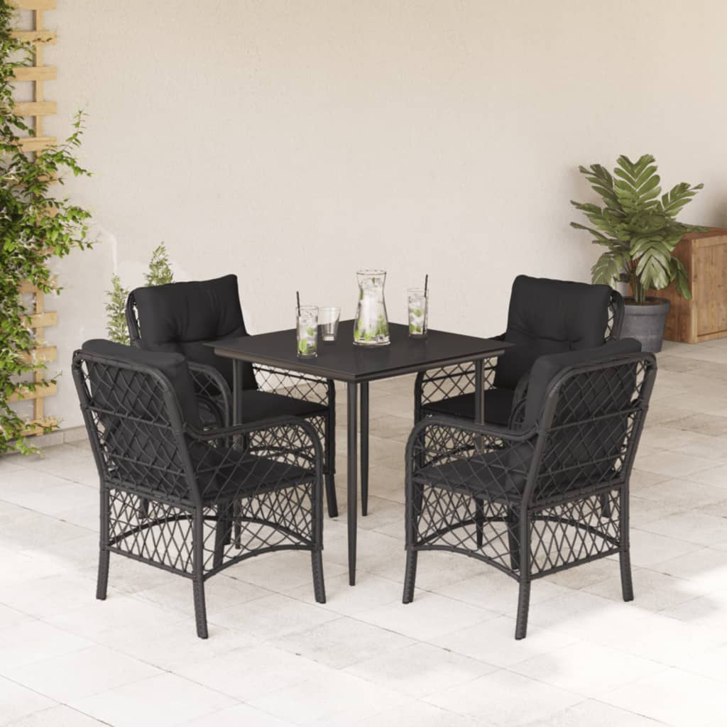 Tavolo e 4 Sedie da Giardino Nero in Polyrattan con Cuscini