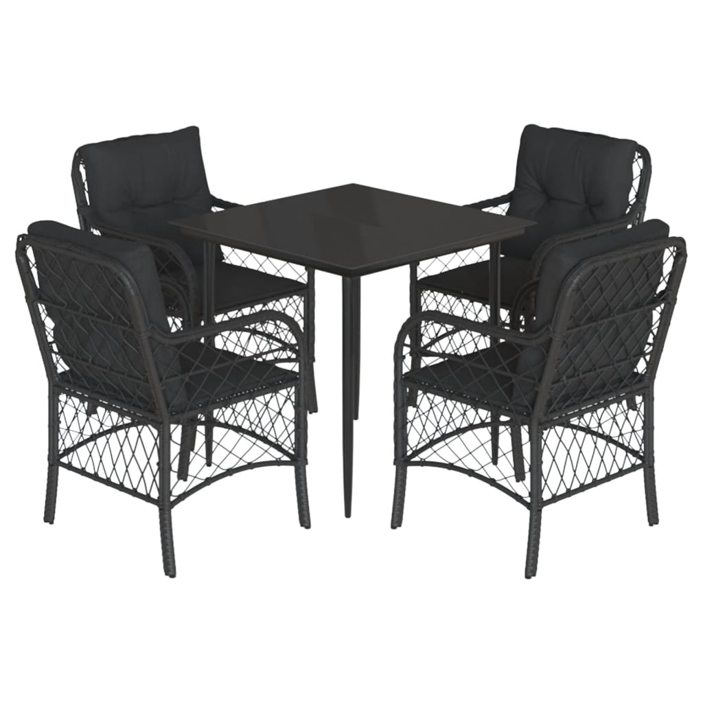 Tavolo e 4 Sedie da Giardino Nero in Polyrattan con Cuscini