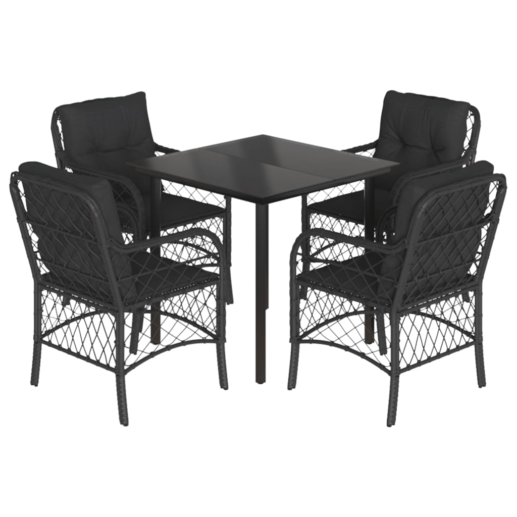 Set pranzo da esterno nero 4 posti in rattan PE con vetro