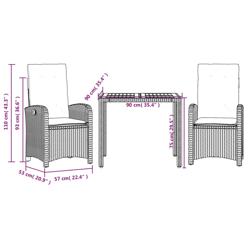 Set da Pranzo da Giardino 3 pz in Polyrattan Nero 90 x 90 cm