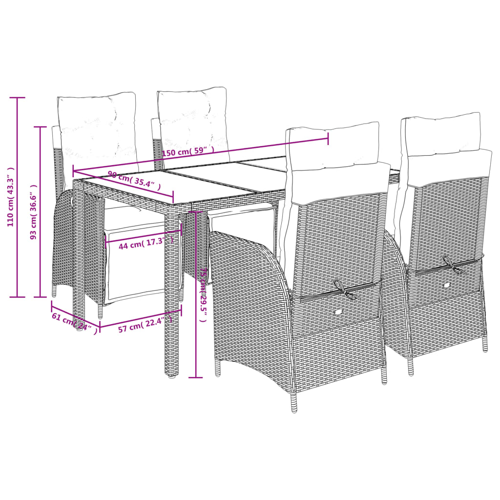 Set Pranzo da Giardino 5 pz Nero in Polyrattan