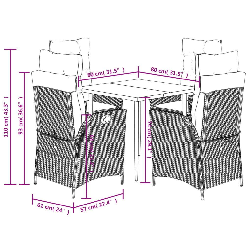 Set da pranzo da giardino 5 pz nero e beige in rattan PE