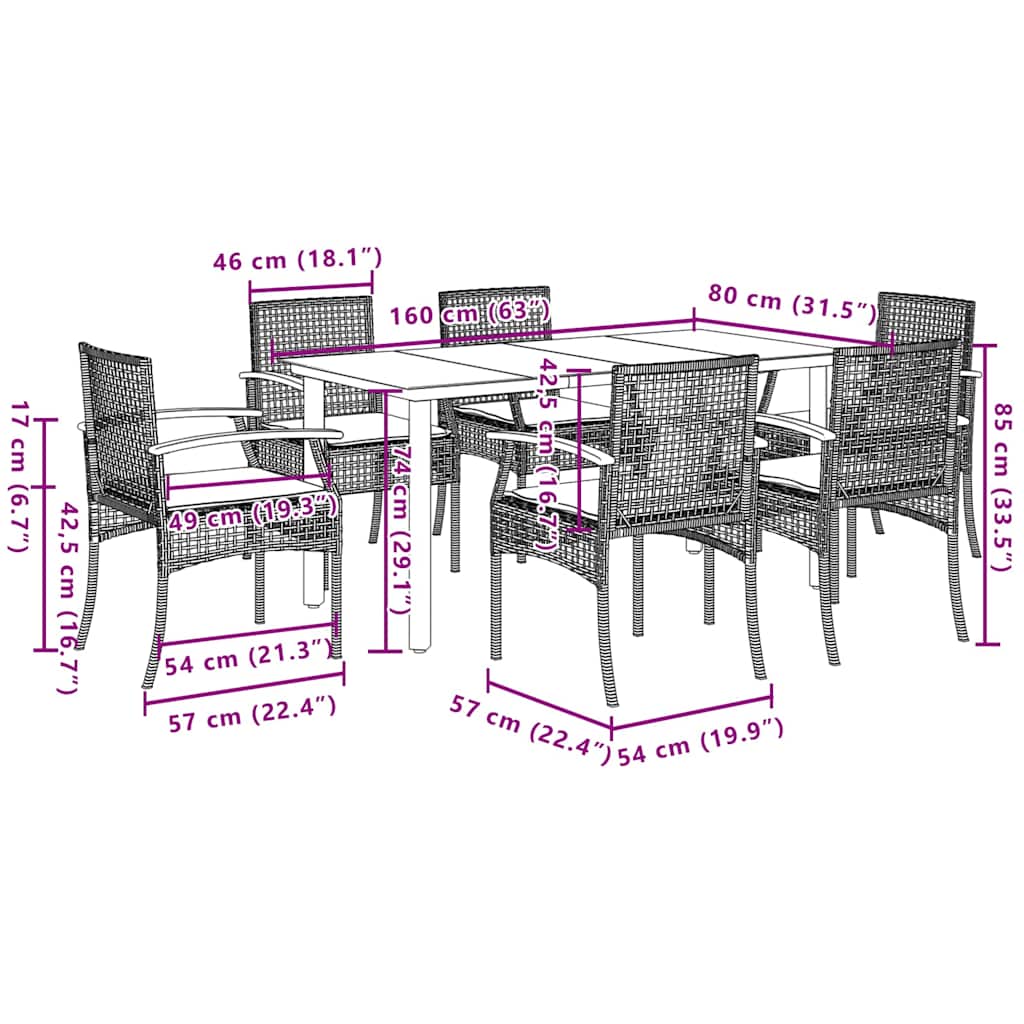 Set pranzo da giardino 7 pz nero con cuscini sfoderabili