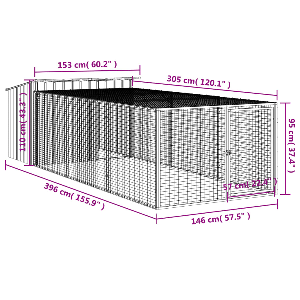 Cuccia per cani con recinto antracite 153x396x110 cm in acciaio zincato