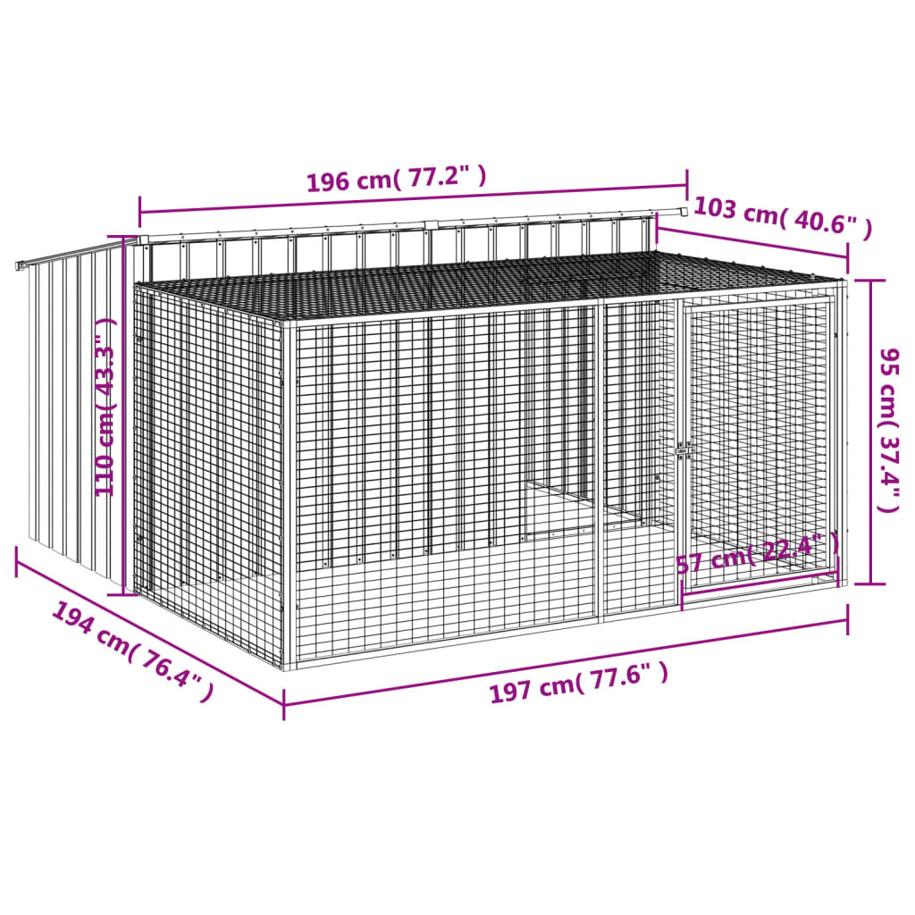 Cuccia per cani con recinto antracite 197x194x110 cm in acciaio zincato