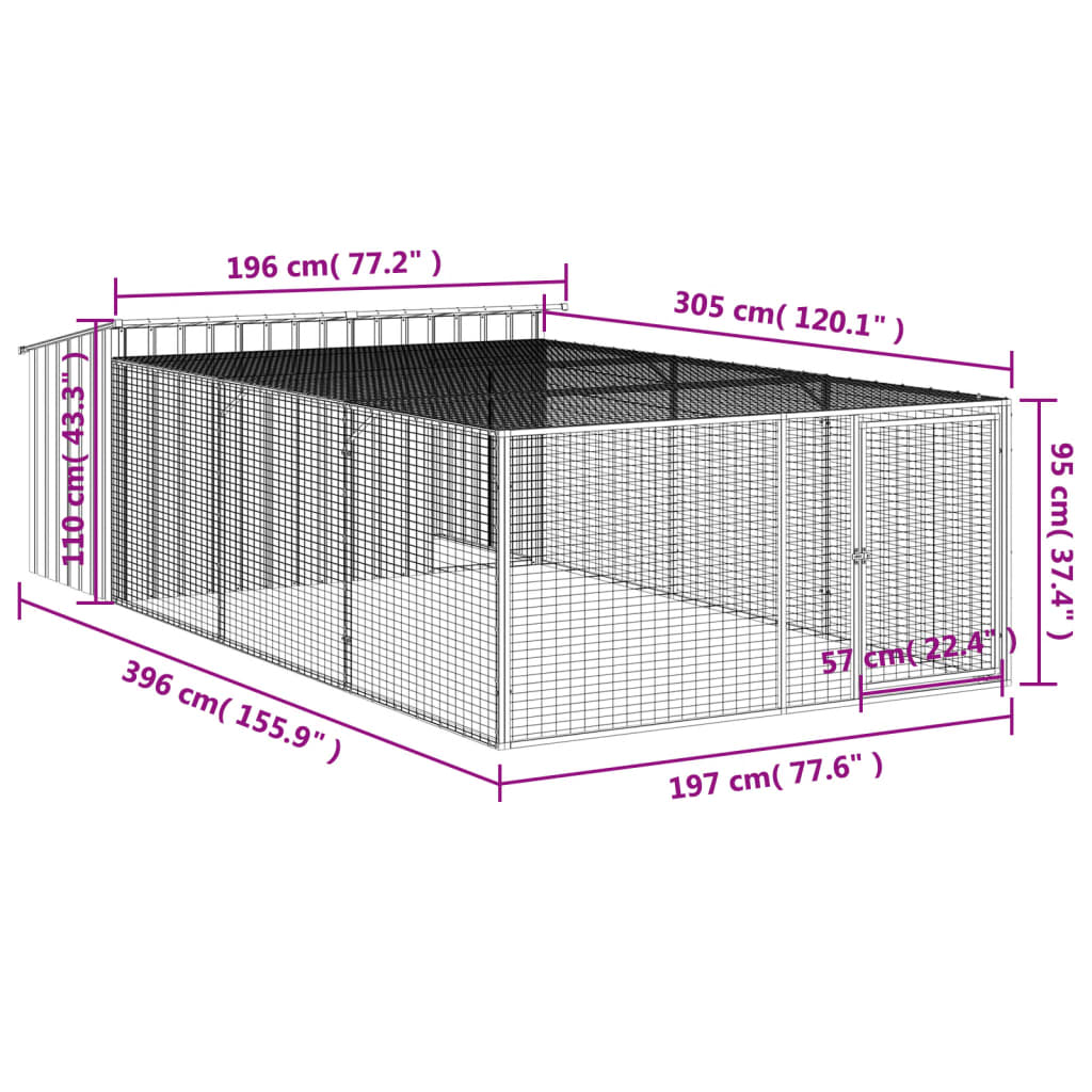 Cuccia per cani con recinto antracite 197x396x110 cm