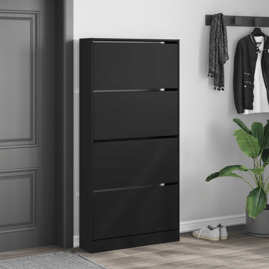 Scarpiera con 4 Cassetti Ribaltabili Nera 80x21x163,5 cm