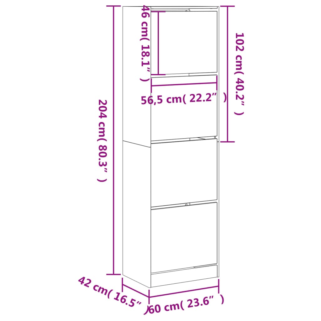 Scarpiera 4 Cassetti Ribaltabili Grigio Cemento 60x42x204 cm