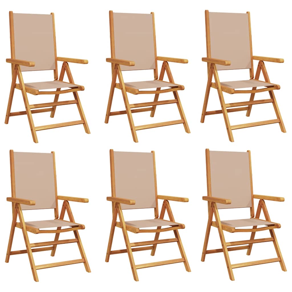 Set di 6 sedie pieghevoli reclinabili in tessuto color tortora e legno massello.