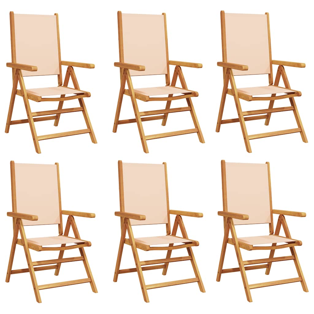 Set di 6 sedie pieghevoli reclinabili in tessuto beige e legno massello.