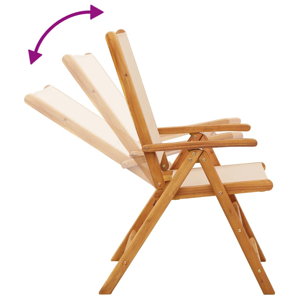 Set di 6 sedie pieghevoli reclinabili in tessuto beige e legno massello.