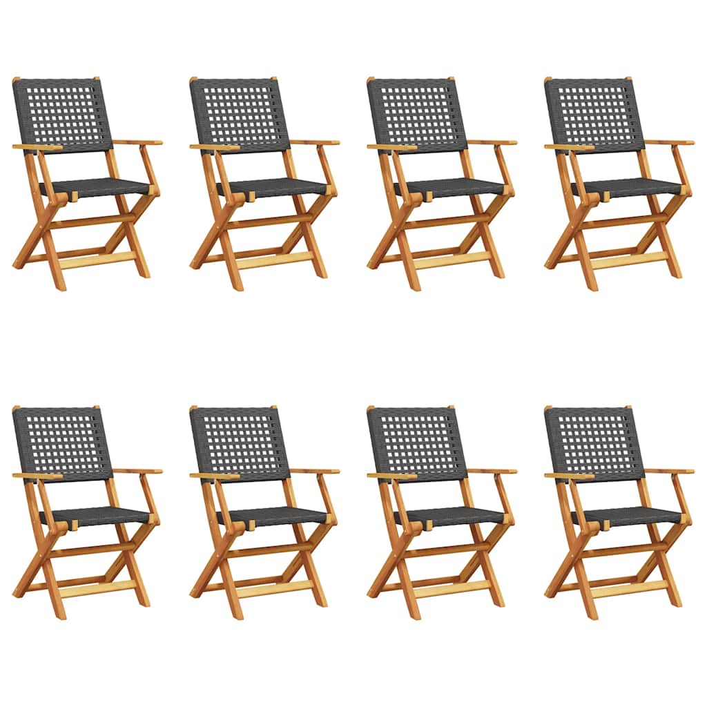 Sedie pieghevoli, 8 pezzi, in polyrattan nero e legno massello