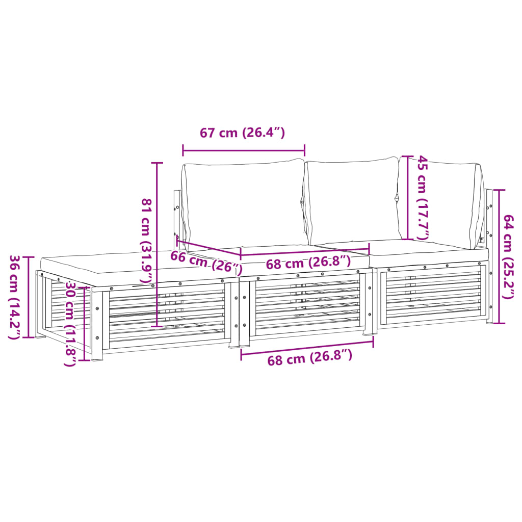 Set Divano da Giardino 3pz con Cuscini Legno Massello di Acacia