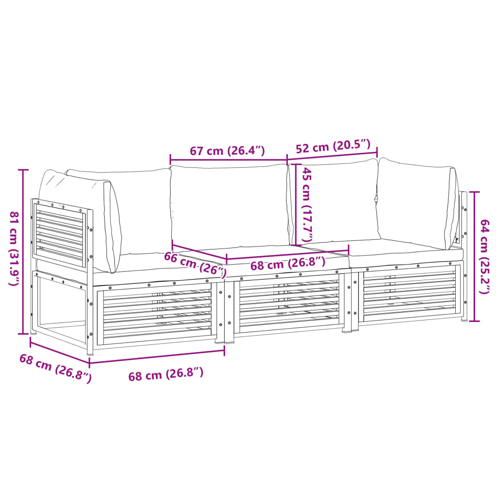 Set Divano da Giardino 3pz con Cuscini Legno Massello di Acacia
