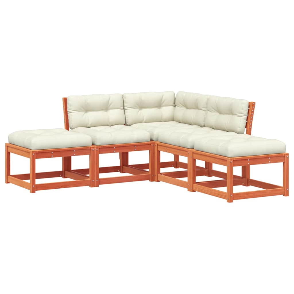 Set Divani Giardino 5pz con Cuscini Marrone Cera Massello Pino
