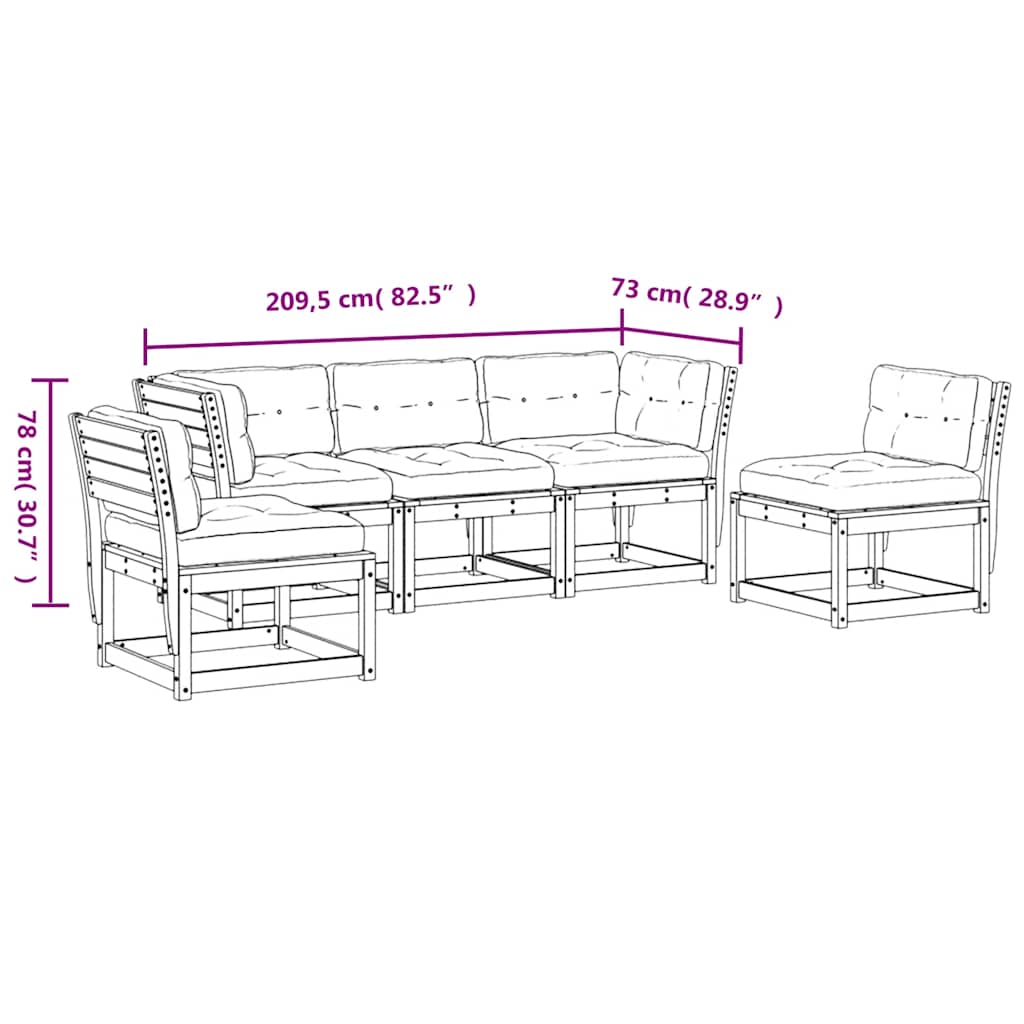 Set Divani Giardino 5 pz con Cuscini in Legno Massello di Pino